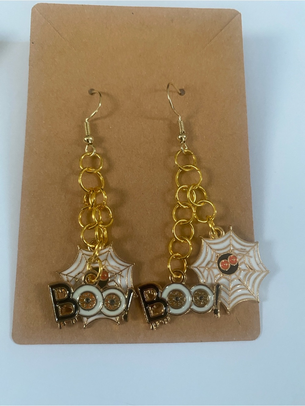 Handcrafted Halloween 'Boo' Spiderweb Dangle Earrings - Gold and White